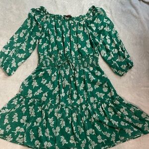 Always Indigo Emerald Green Floral Off-Shoulder Smocked Dress